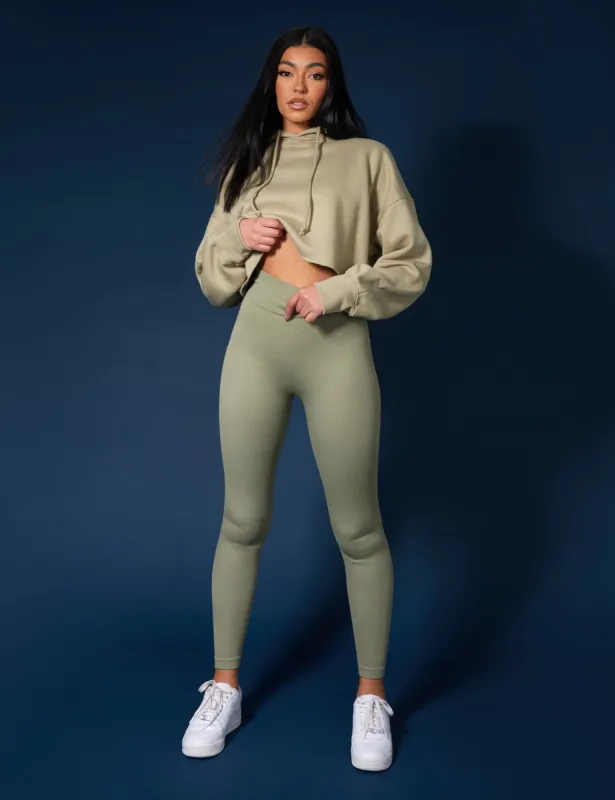 Oversized Cropped Light Khaki Sweat Hoodie sold by Public Desire