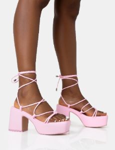 Darcy Baby Pink Strappy Lace Up Square Toe Mid Flatform Heels sold by Public Desire