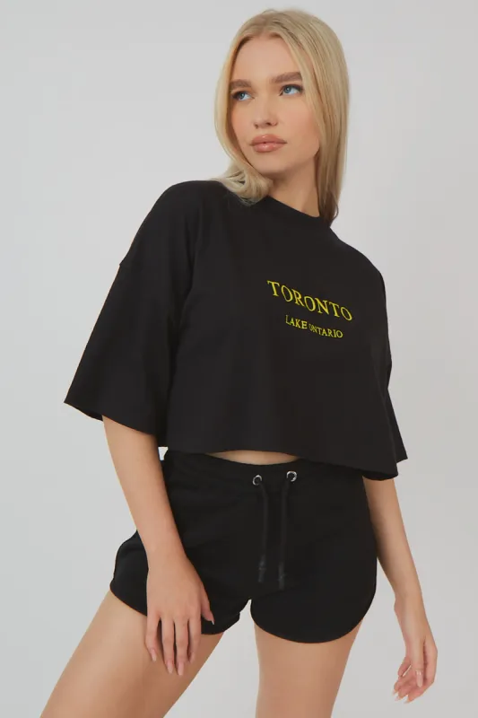 Embroidered Slogan Cropped T-Shirt Black sold by Public Desire