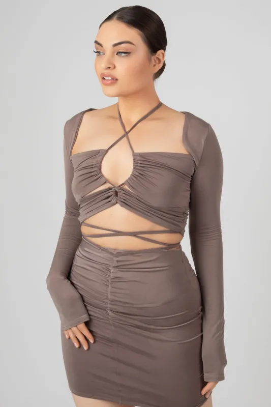 Loop Ruching Slinky Long Sleeved Top Mink Grey sold by Public Desire