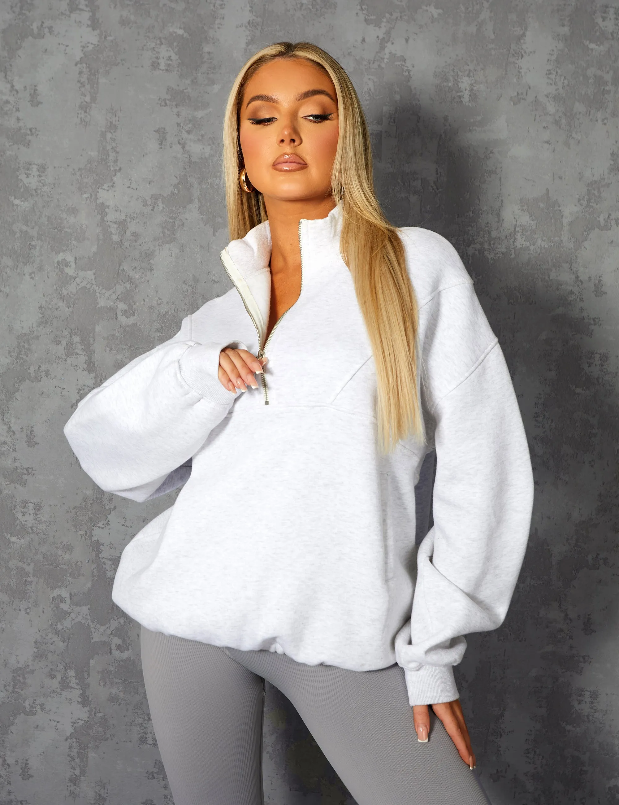 Oversized Half Zip Pullover Pocket Front Sweatshirt Oatmeal Marl sold by Public Desire product image thumbnail 2
