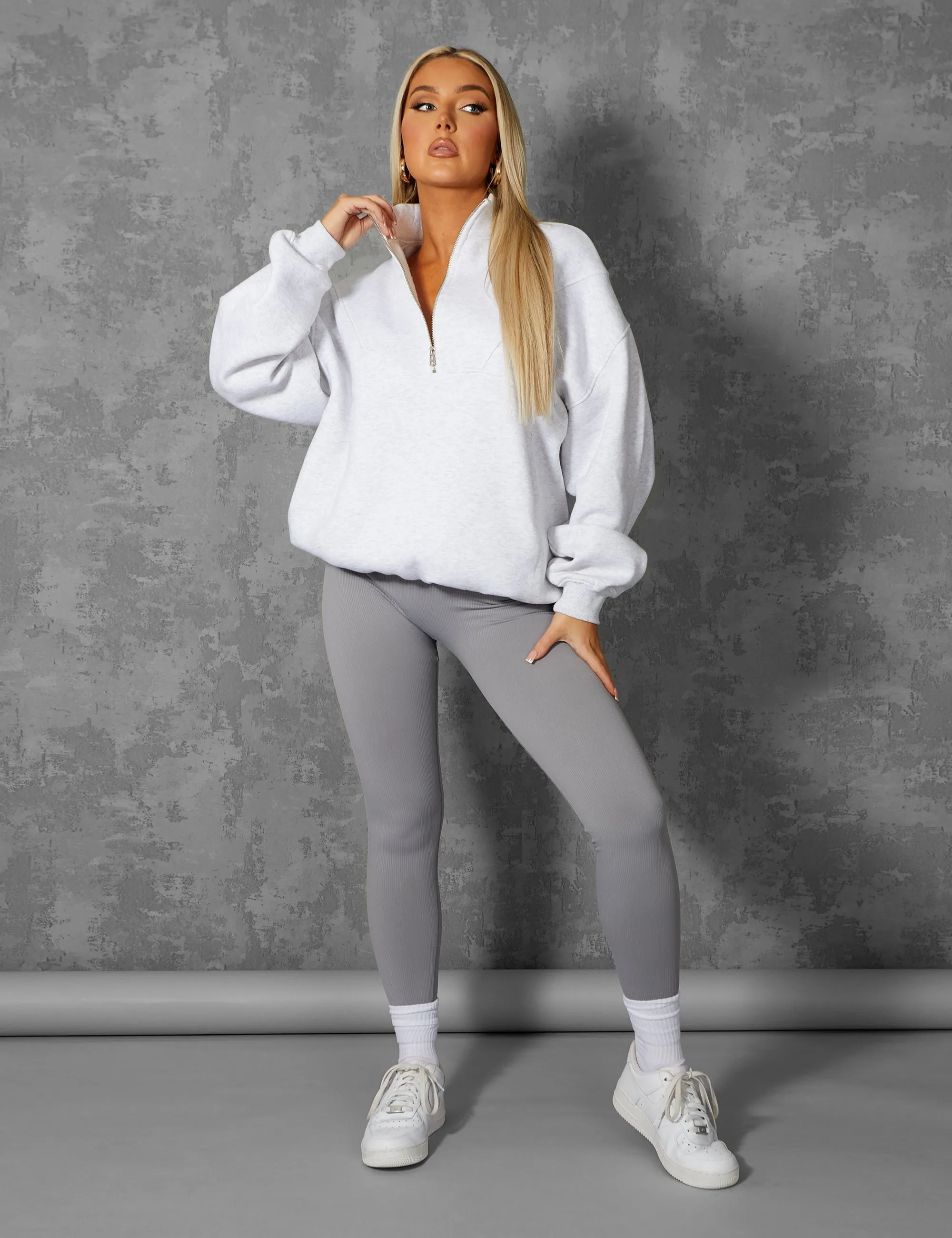 Oversized Half Zip Pullover Pocket Front Sweatshirt Oatmeal Marl sold by Public Desire