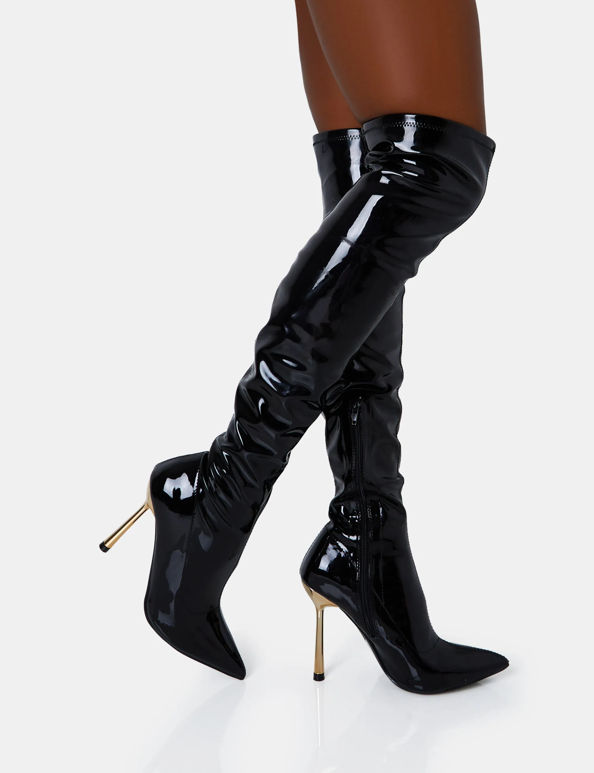 Zhenya Black Patent Pointed Gold Contrast Stiletto Over The Knee Boots sold by Public Desire product image thumbnail 2