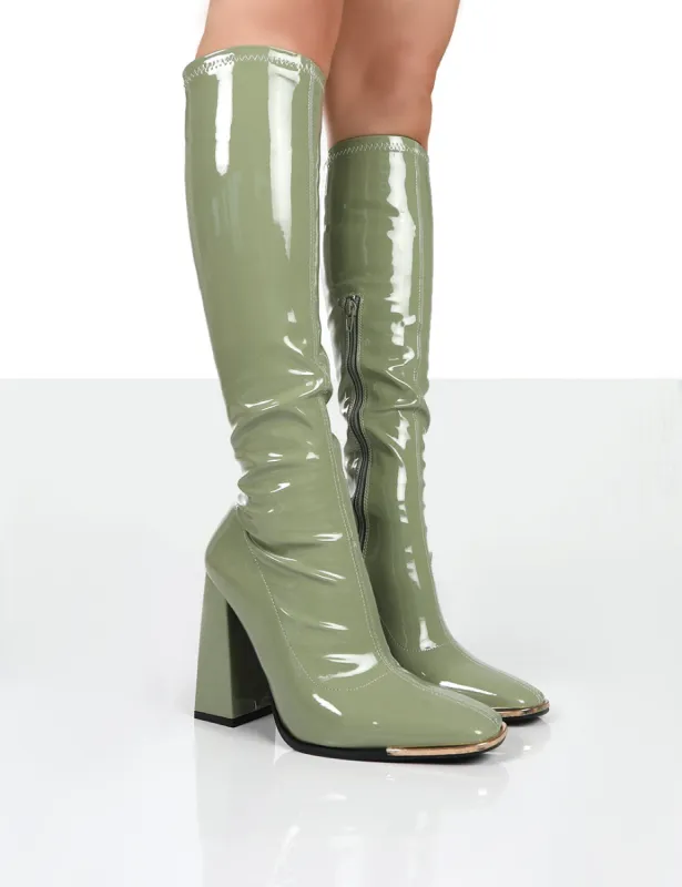 Caryn Green Patent Knee High Heeled Boots sold by Public Desire