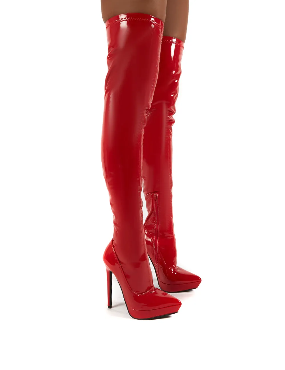Forward Red Patent Stiletto Heeled Over the Knee Boots sold by Public Desire