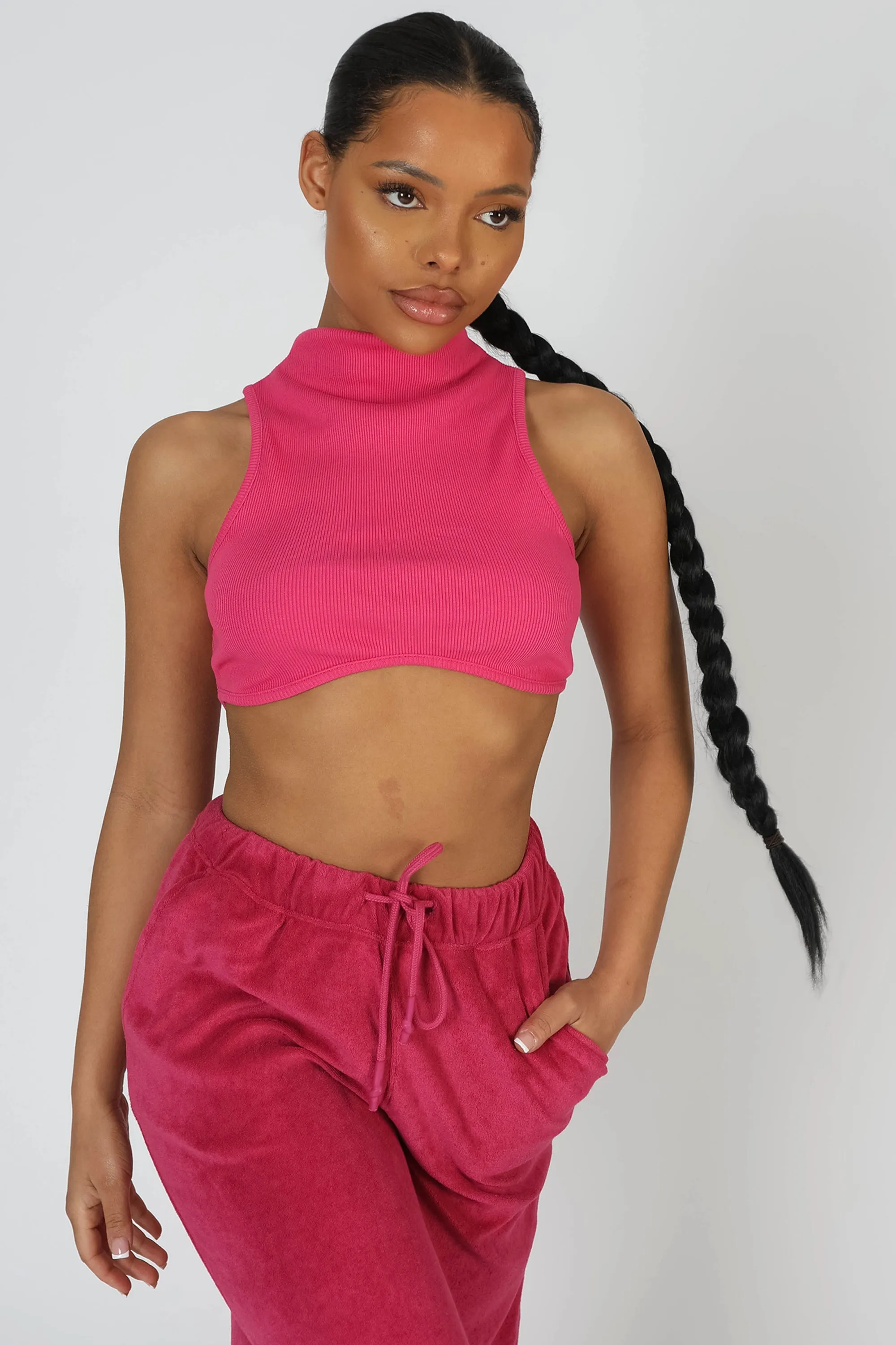 High Neck Underbust Ribbed Crop Top Pink sold by Public Desire product image thumbnail 2