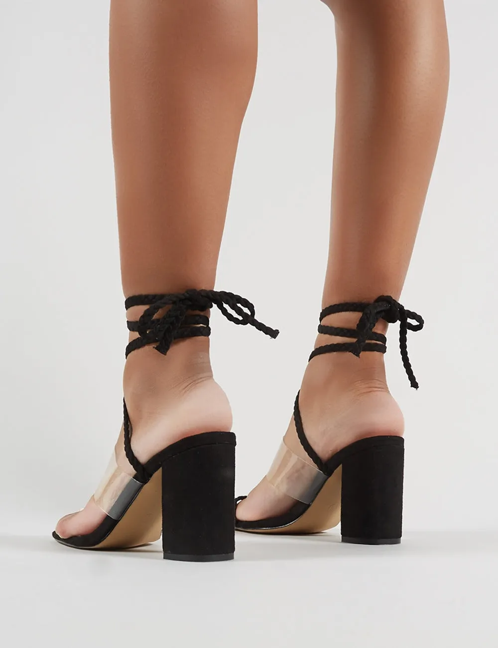 Mia Lace Up Block Heeled Sandals in Black Faux Suede sold by Public Desire product image thumbnail 3