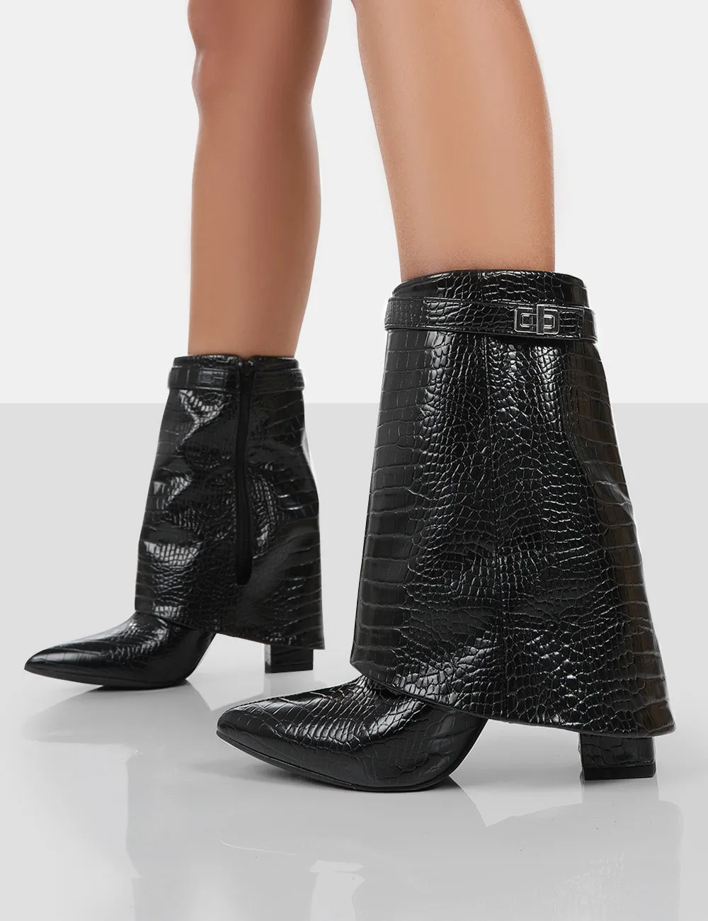 Fyre Black Croc Pointed Toe Block Heeled Ankle Boots sold by Public Desire product image thumbnail 4