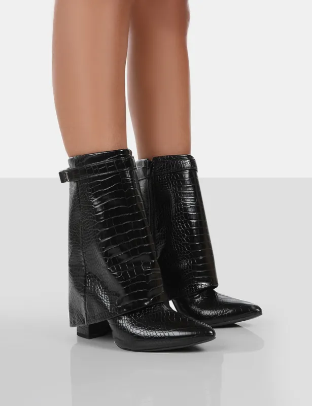 Fyre Black Croc Pointed Toe Block Heeled Ankle Boots sold by Public Desire
