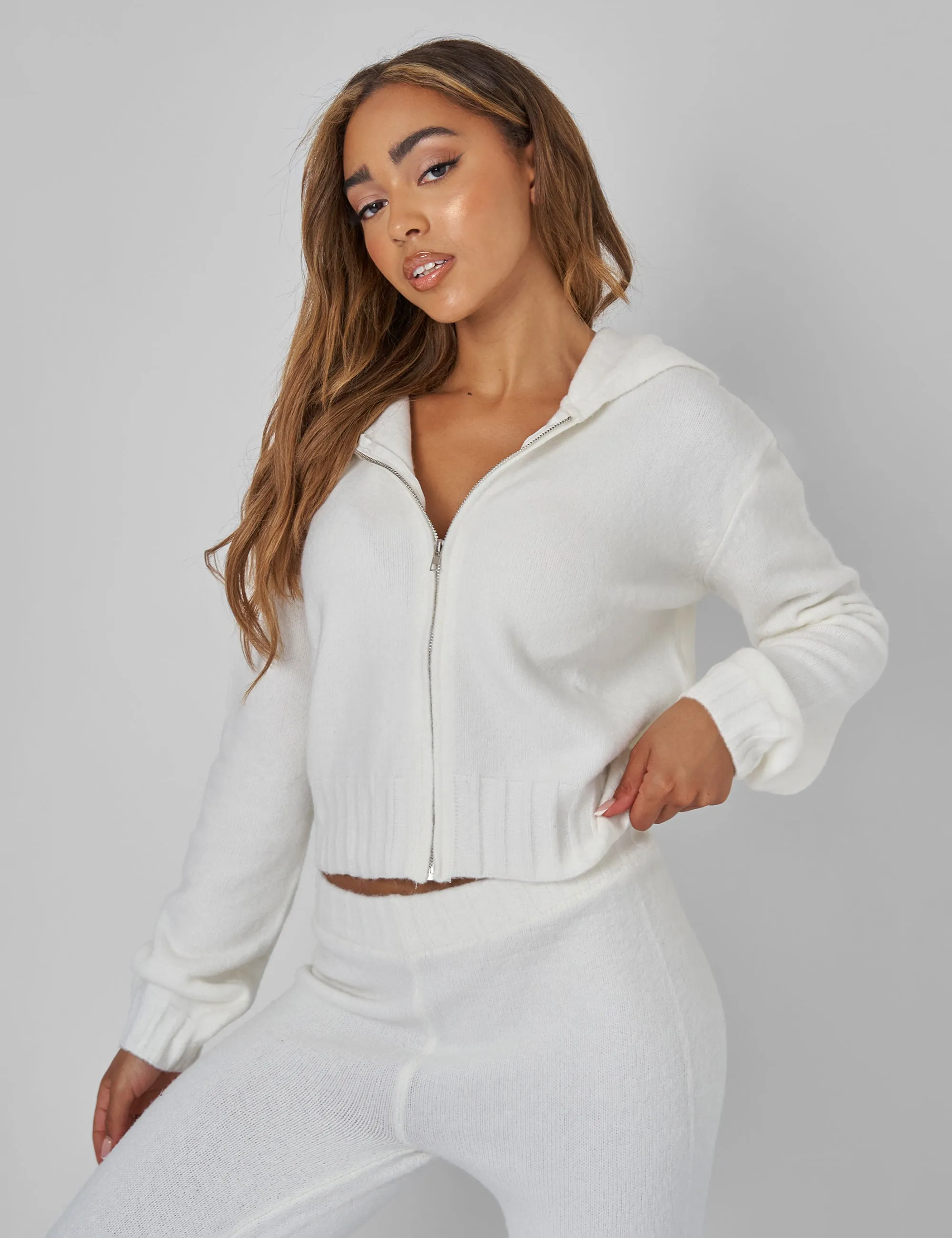Kaiia Knitted Zip Up Hoodie in Cream sold by Public Desire