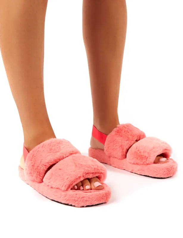 Lullaby Pink Fluffy Strap Back Slippers sold by Public Desire