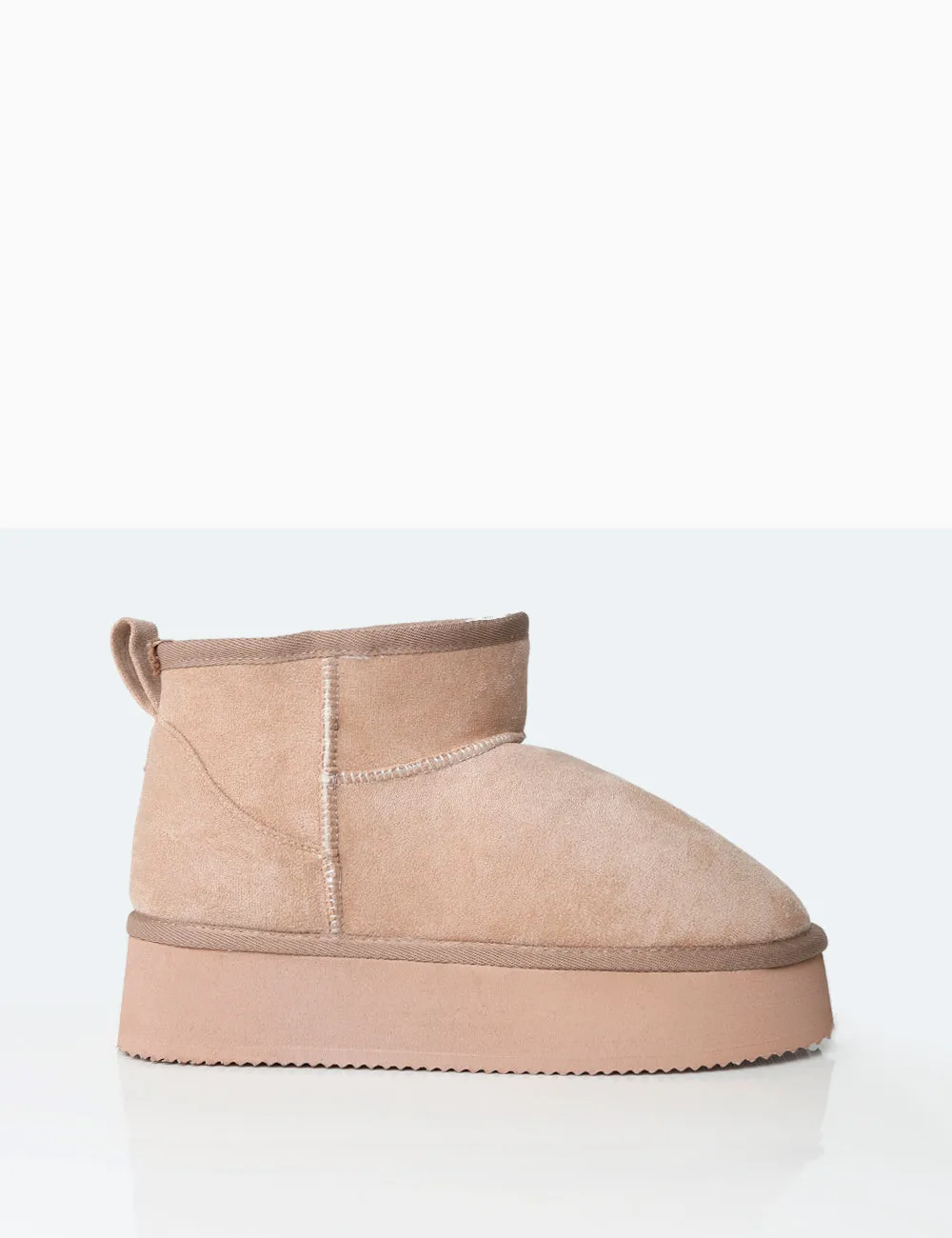 Theo Beige Faux Suede Ultra Mini Ankle Platform Boots sold by Public Desire