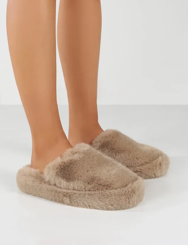 Baloo Stone Faux Fur Fluffy Slipper sold by Public Desire