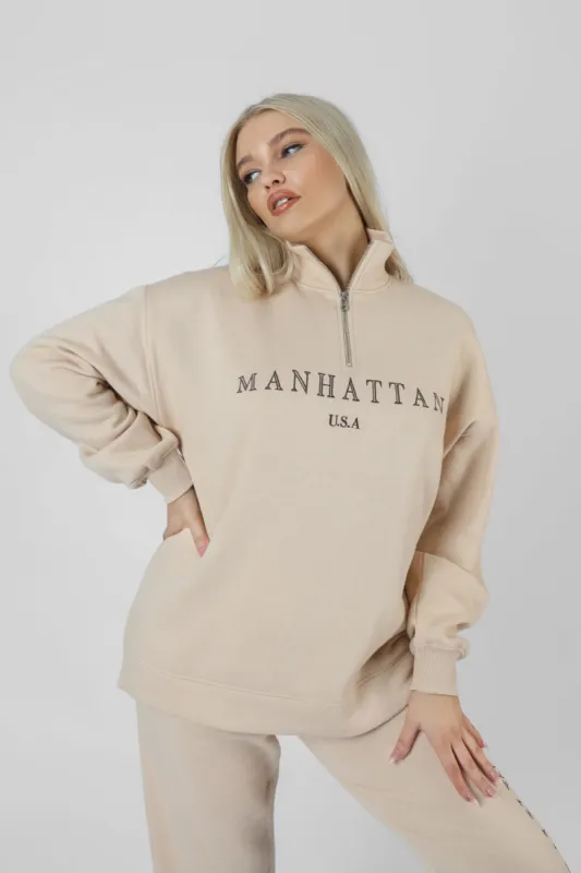 Manhattan Half Zip Pullover Sweatshirt Stone sold by Public Desire
