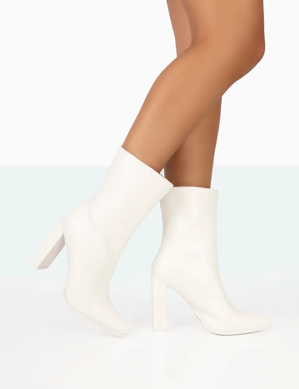 Bridget White PU Pointed Toe Block Heeled Ankle Boots sold by Public Desire