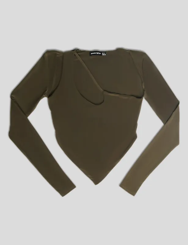 ASYMETRIC CUT OUT DETAIL TOP KHAKI sold by Public Desire