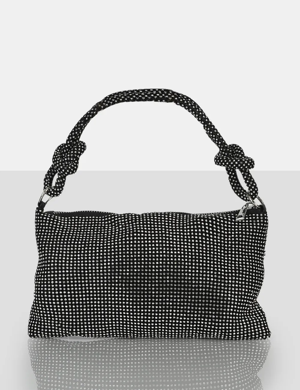 The Ingrid Black Diamante Zip Up Knot Detail Mini Shoulder Bag sold by Public Desire