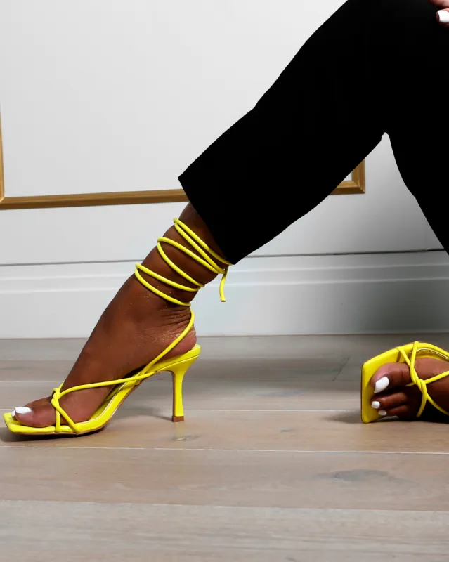 Amber x Public Desire Minimale Yellow PU Twist Front Strappy Heel sold by Public Desire