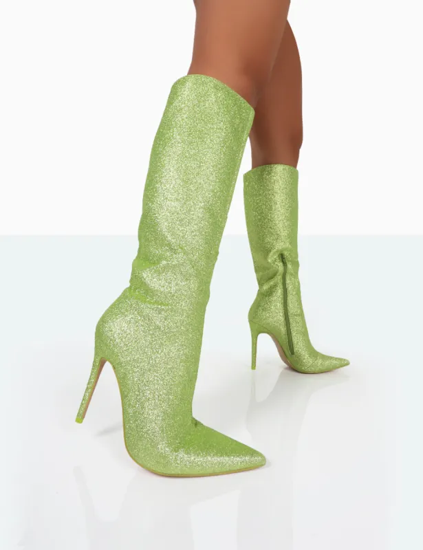 Diva Lime Glitter Pointed Toe Stiletto Knee High Boots sold by Public Desire