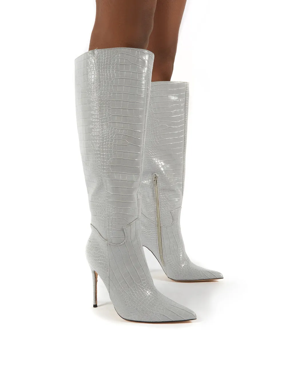 Go Wide Fit Grey Knee High Pointed Toe Stiletto Heeled Boots sold by Public Desire