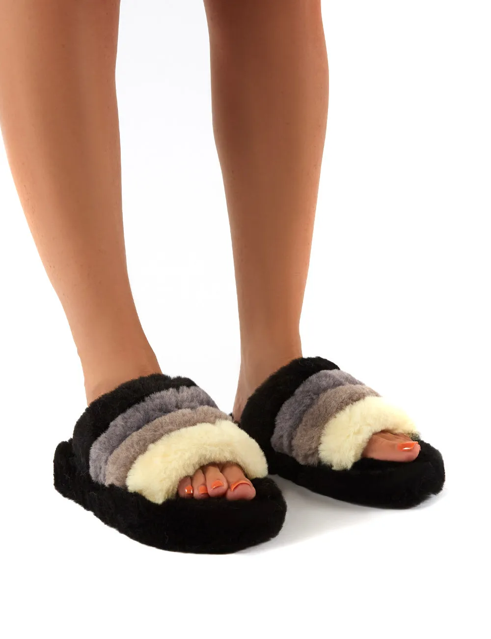 Sleepy Black Fluffy Sliders Faux Fur Slippers sold by Public Desire