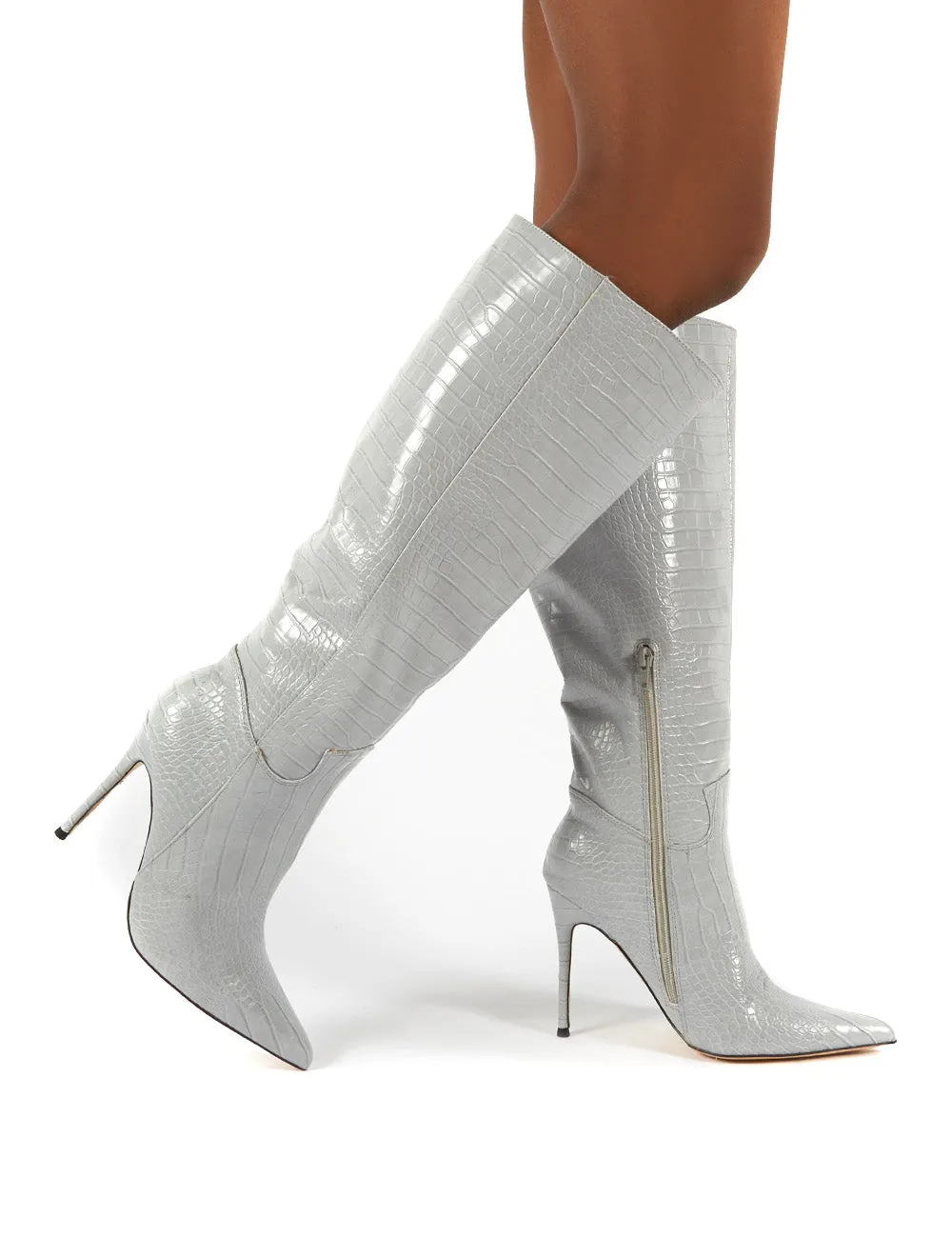 Go Wide Fit Grey Knee High Pointed Toe Stiletto Heeled Boots sold by Public Desire product image thumbnail 3