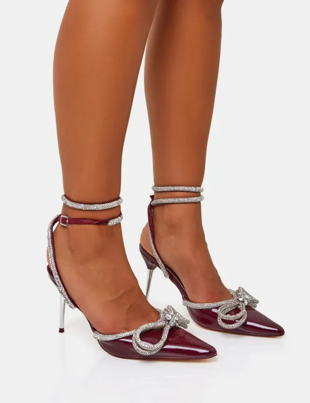 Midnight Burgundy Patent Wrap Around Diamante Pointed Court Mid Heel sold by Public Desire