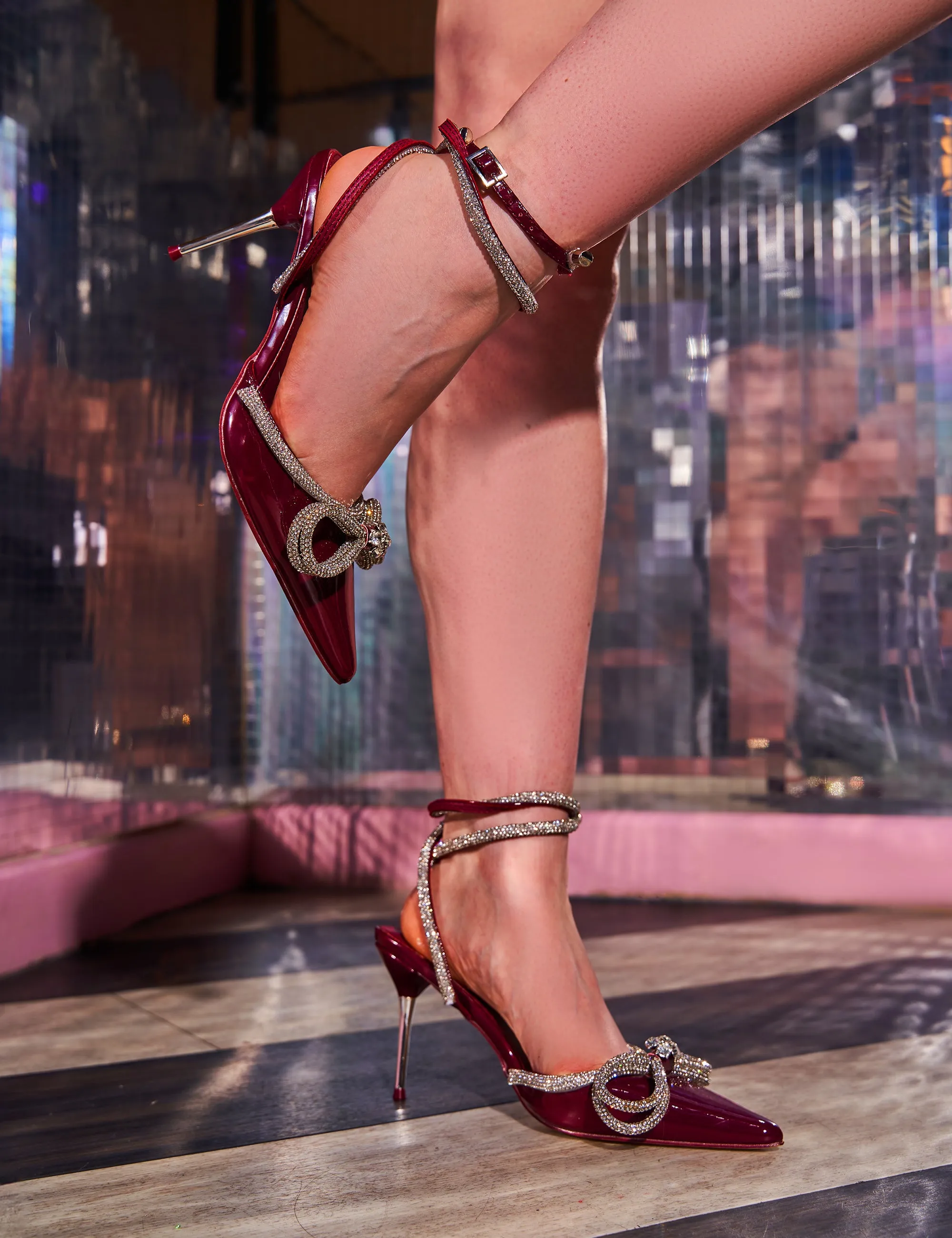 Midnight Burgundy Patent Wrap Around Diamante Pointed Court Mid Heel sold by Public Desire product image thumbnail 5