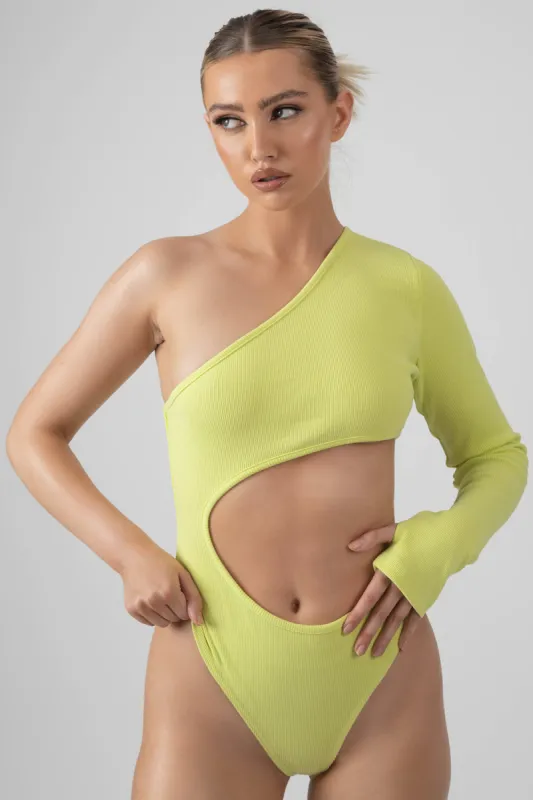 Ribbed Cut Out One Sleeve Bodysuit Lime sold by Public Desire