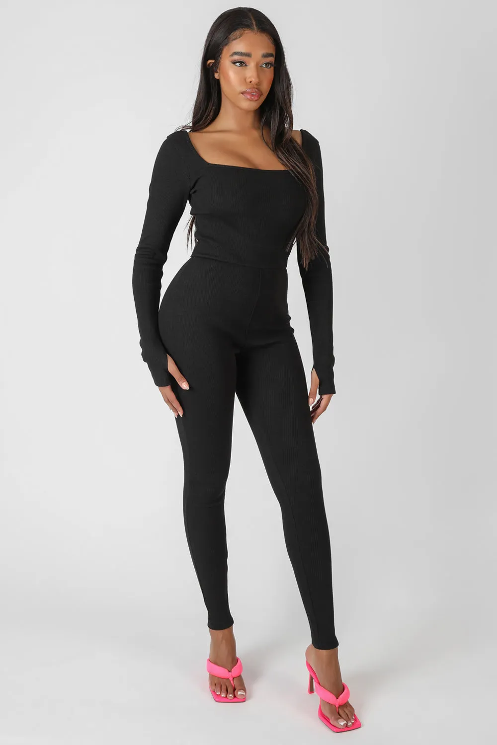 Long Sleeve Square Neck Ribbed Jumpsuit Black sold by Public Desire product image thumbnail 4