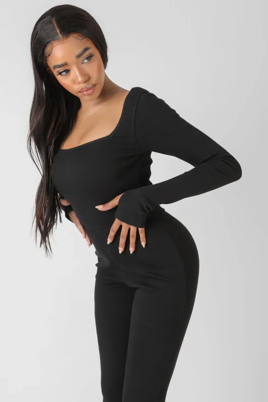 Long Sleeve Square Neck Ribbed Jumpsuit Black sold by Public Desire