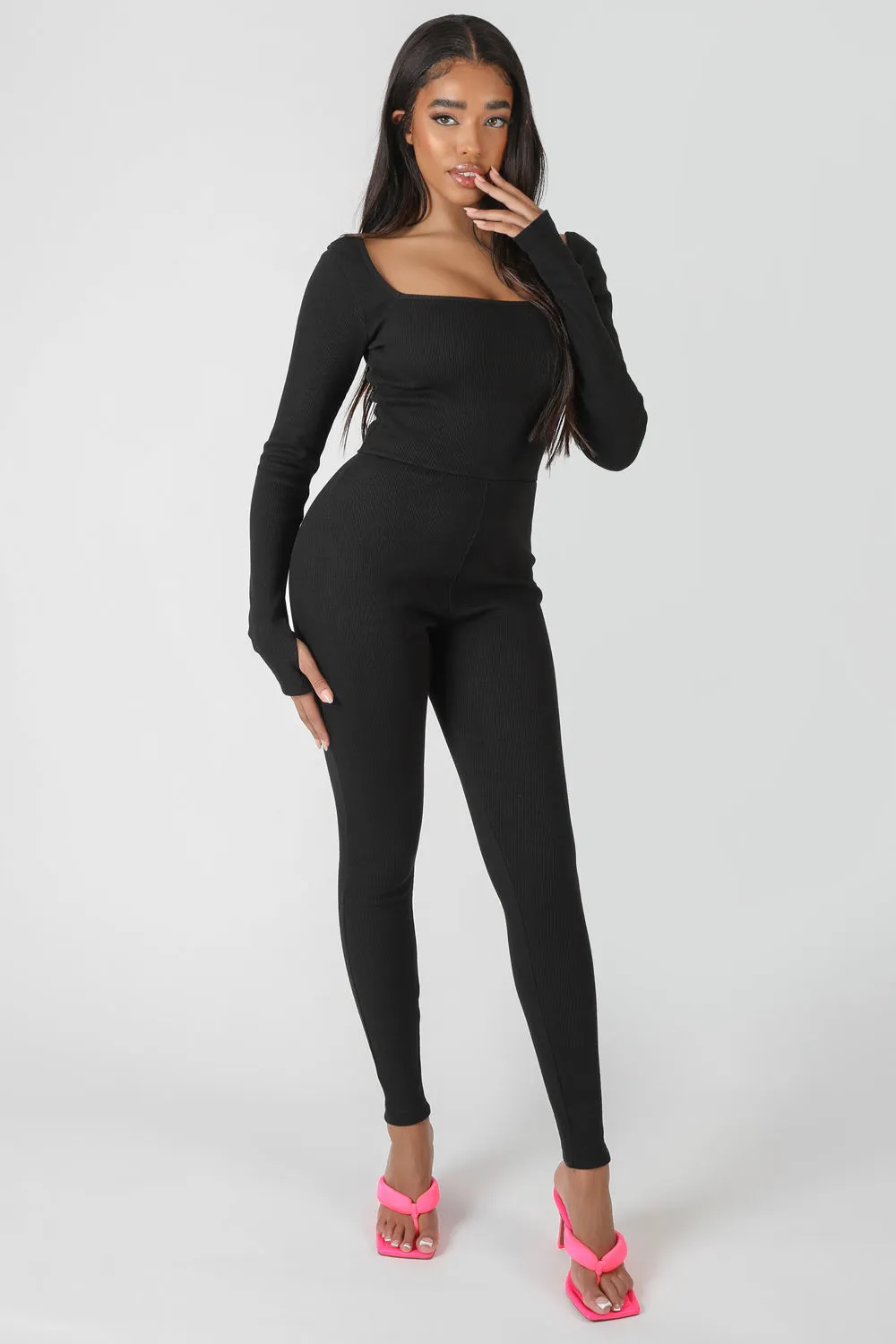 Long Sleeve Square Neck Ribbed Jumpsuit Black sold by Public Desire product image thumbnail 5