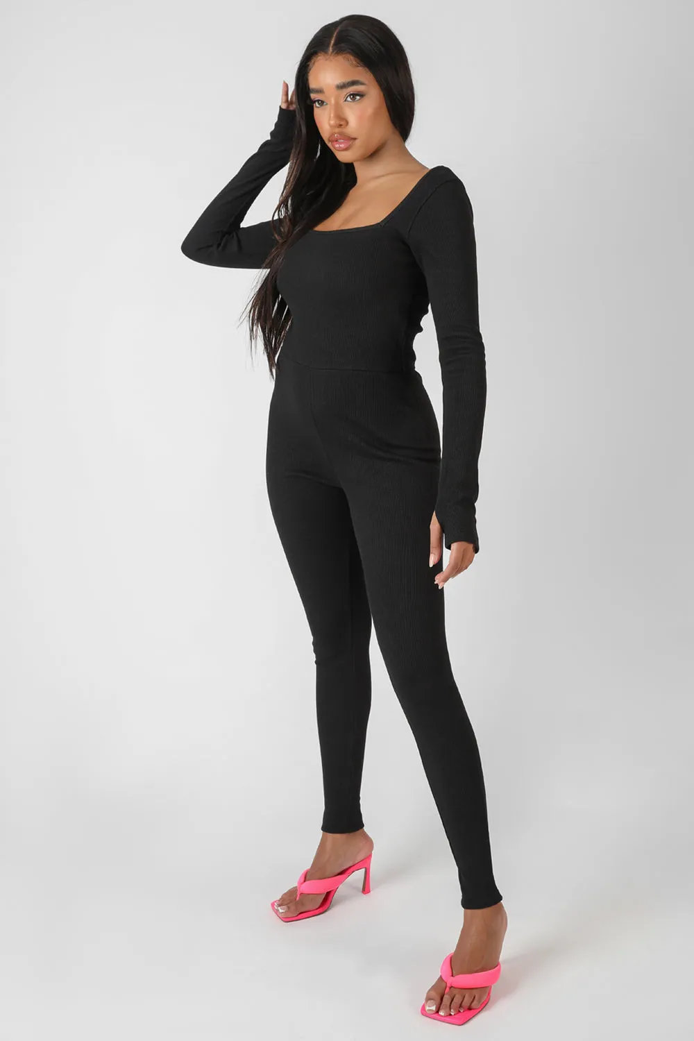 Long Sleeve Square Neck Ribbed Jumpsuit Black sold by Public Desire product image thumbnail 2