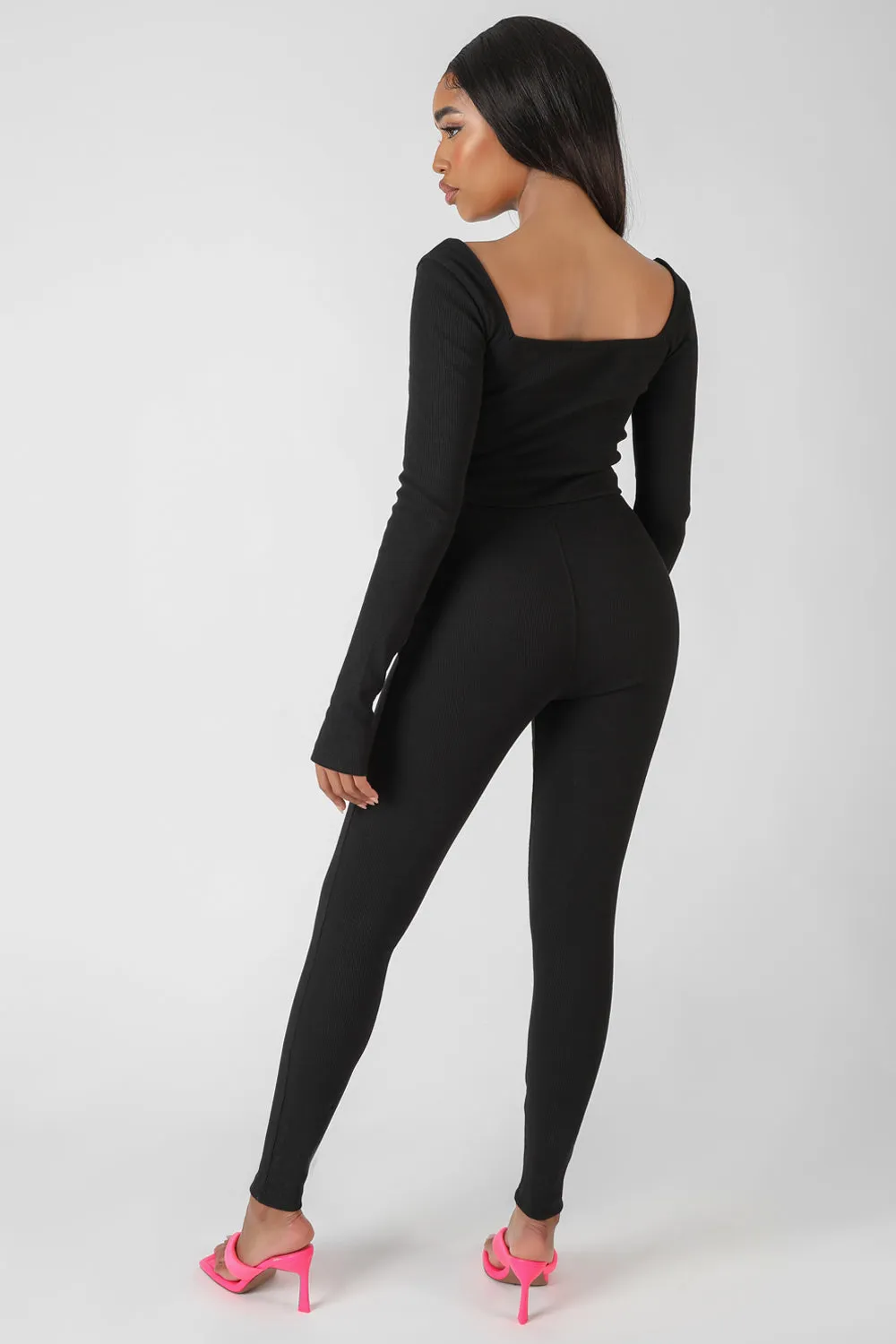 Long Sleeve Square Neck Ribbed Jumpsuit Black sold by Public Desire product image thumbnail 3