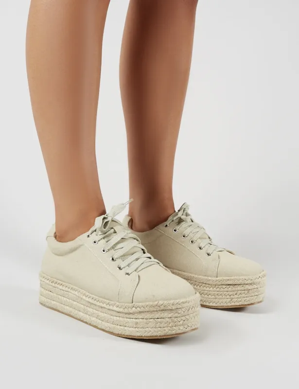 Paloma Espadrille Flatform Trainers in Beige Canvas sold by Public Desire