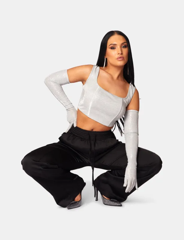GLITTER CORSET TOP WITH MATCHING GLOVES SILVER sold by Public Desire
