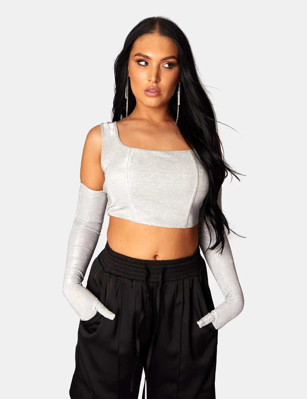 GLITTER CORSET TOP WITH MATCHING GLOVES SILVER sold by Public Desire product image thumbnail 3