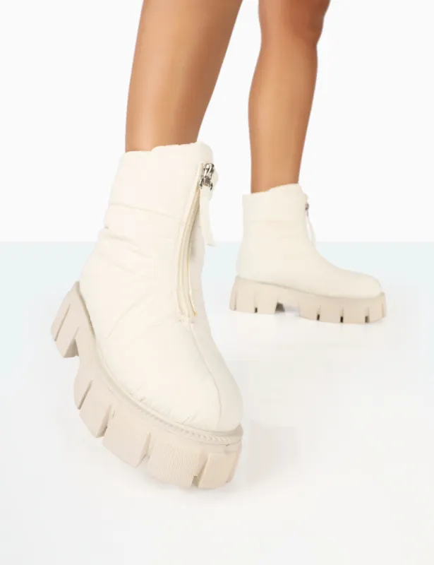 Puffy Ecru Nylon Zip Up Chunky Sole Snow Ankle Boots sold by Public Desire