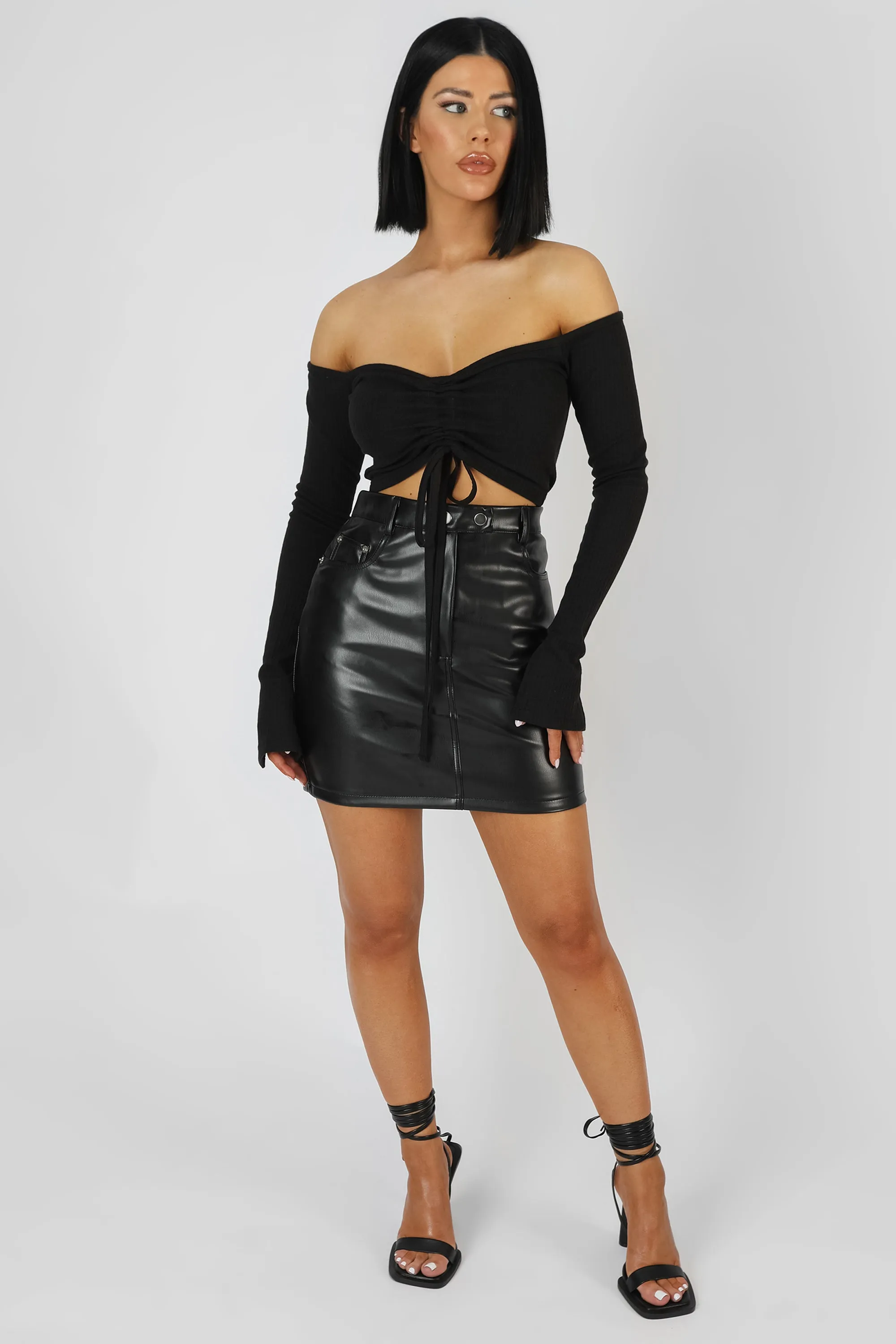 Ruched Front Bardot Ribbed Top Black sold by Public Desire