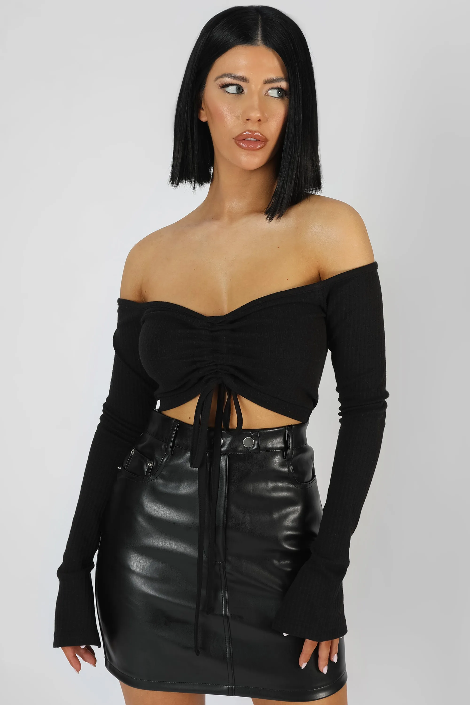 Ruched Front Bardot Ribbed Top Black sold by Public Desire product image thumbnail 2