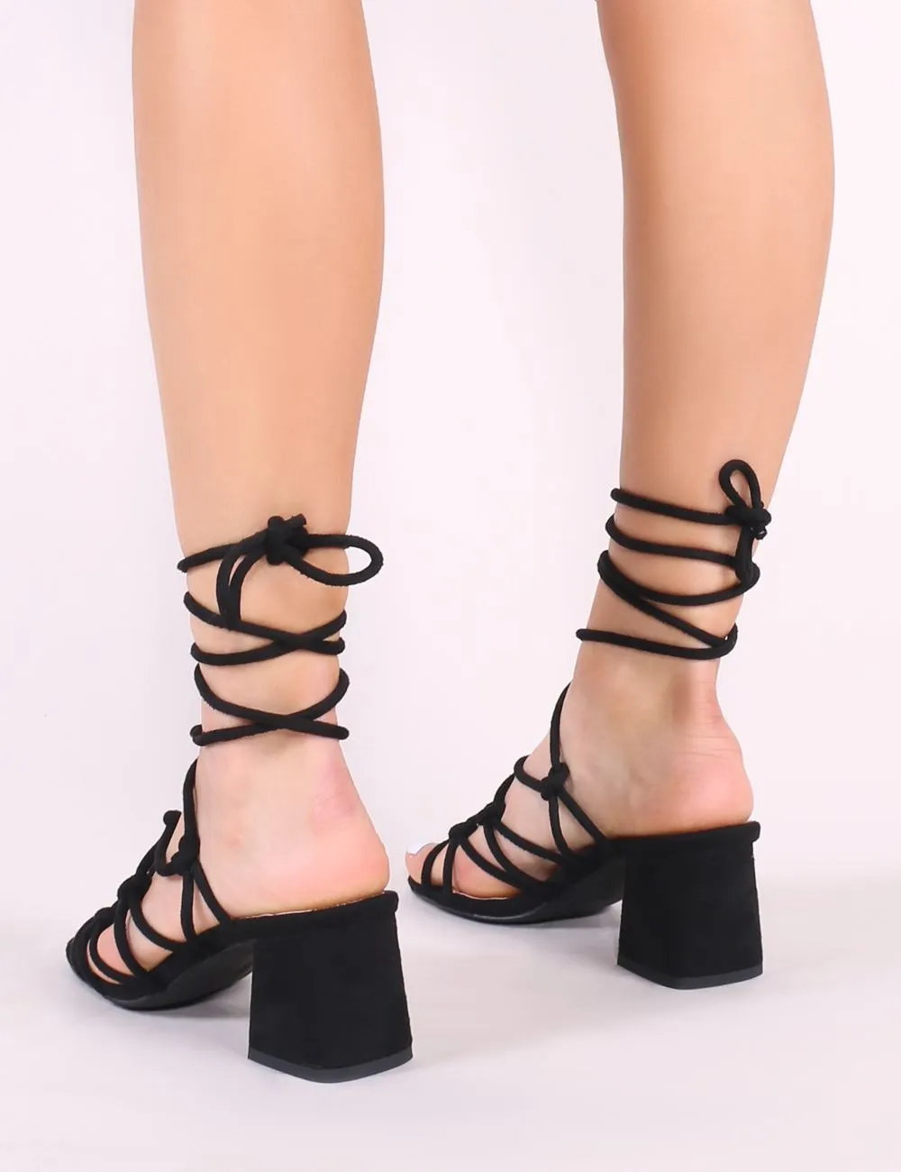 Freya Knotted Strappy Block Heeled Sandals in Black Faux Suede sold by Public Desire product image thumbnail 4