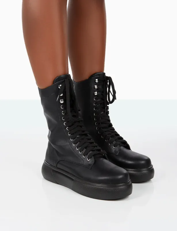 Travis Black Pu Lace Up Platform Chunky Sole Boots made by Public Desire