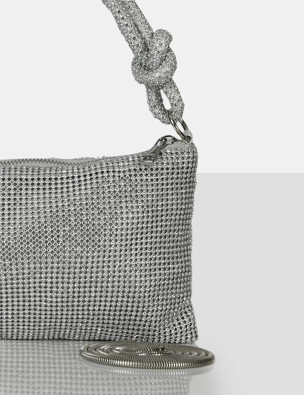The Ingrid Silver Diamante Zip Up Knot Detail Mini Shoulder Bag sold by Public Desire product image thumbnail 3