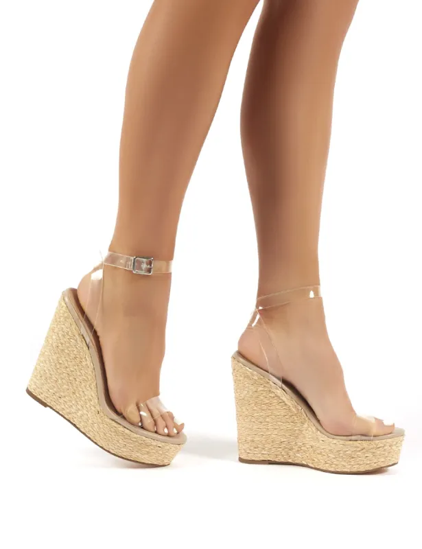 Jourdan Clear Perspex Strap Wedge Raffia Heeled Sandals sold by Public Desire