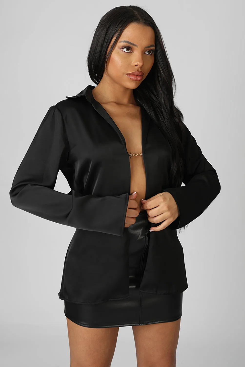 Satin Pin Detail Shirt Black sold by Public Desire product image thumbnail 3