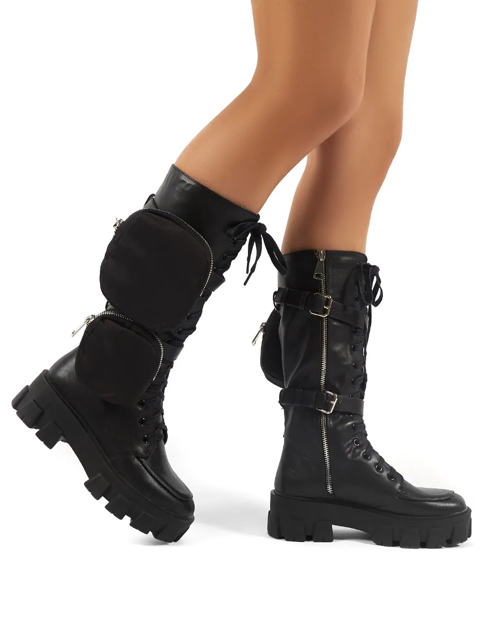 Gilda Black PU Lace Up Pouch Detail Chunky Knee High Boots sold by Public Desire product image thumbnail 2