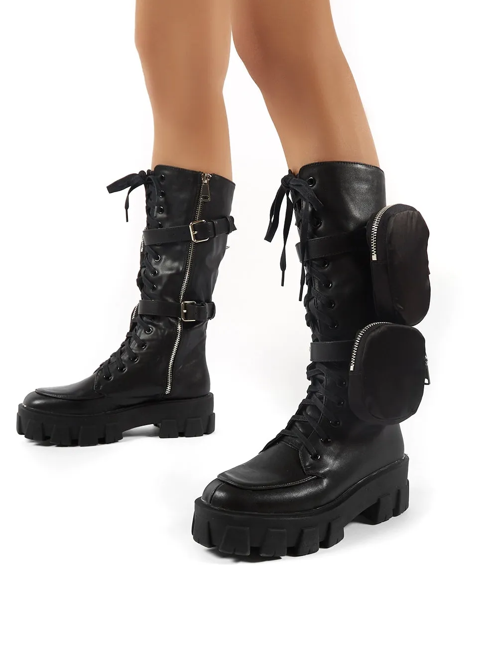 Gilda Black PU Lace Up Pouch Detail Chunky Knee High Boots sold by Public Desire product image thumbnail 3