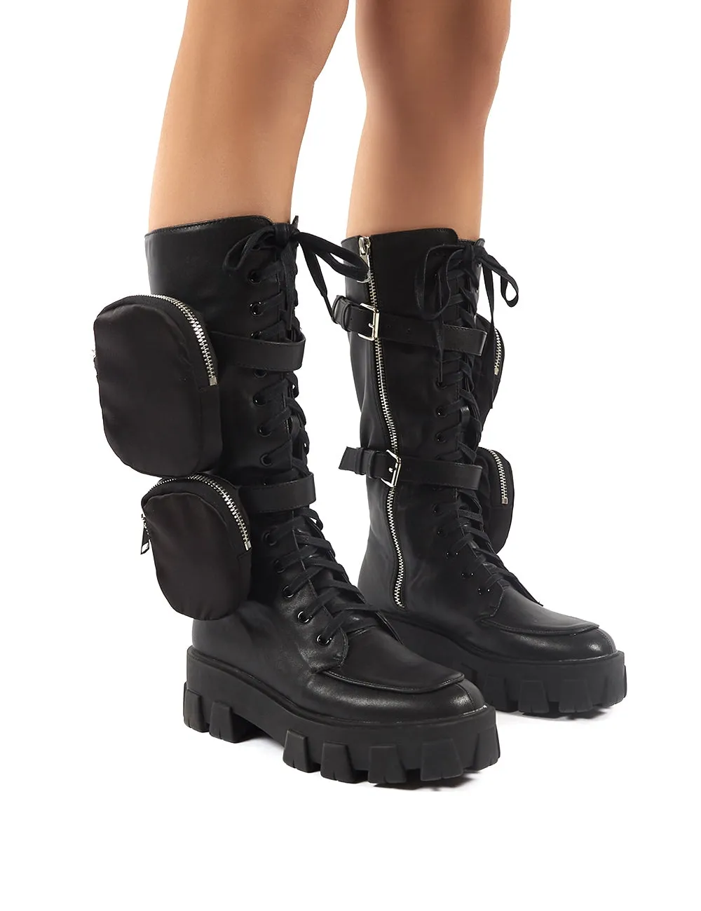 Gilda Black PU Lace Up Pouch Detail Chunky Knee High Boots sold by Public Desire