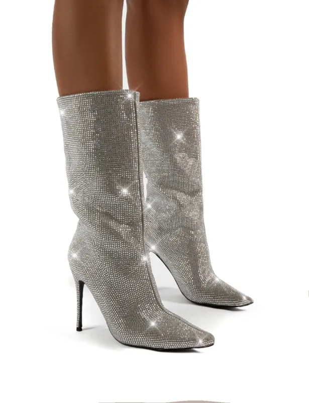 Hustler Grey Diamante Detail Knee High Stiletto Heeled Boots sold by Public Desire