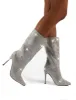 Hustler Grey Diamante Detail Knee High Stiletto Heeled Boots sold by Public Desire